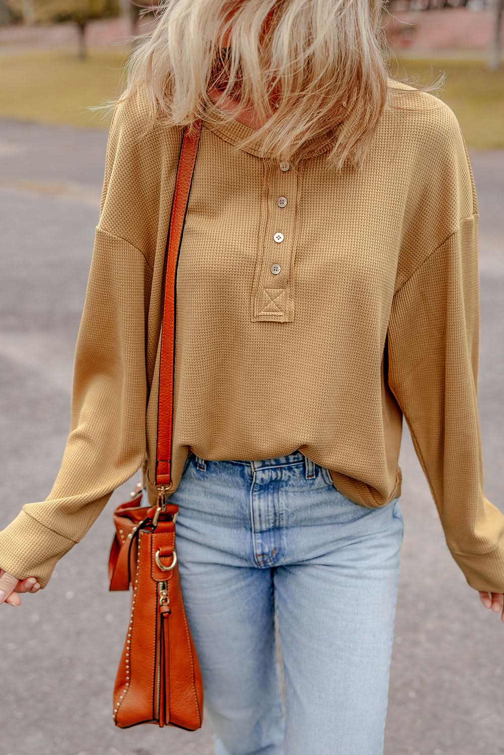 Camel Textured Knit Half Button Drop Shoulder Oversized Top - Love Salve